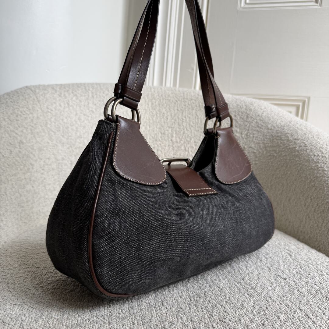 Prada Moon Denim Brown Leather Shoulder Bag