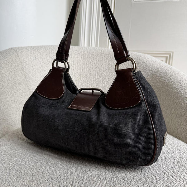 Prada Moon Denim Brown Leather Shoulder Bag