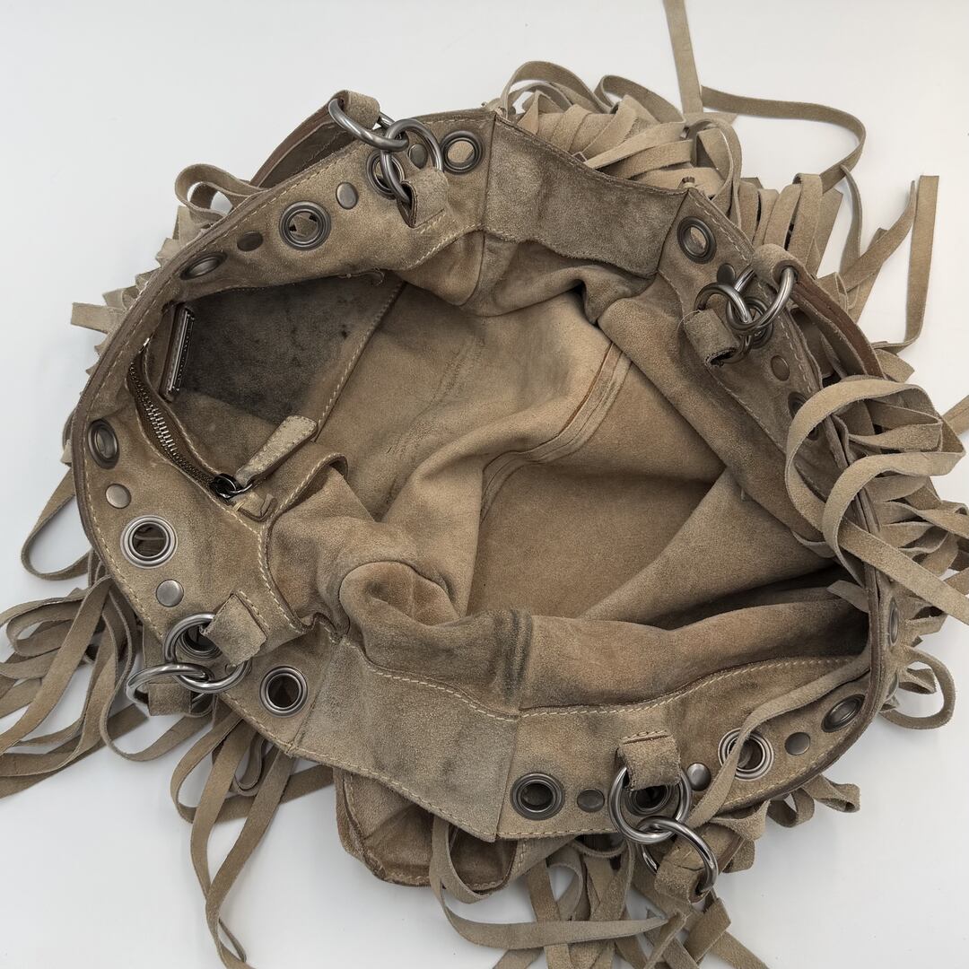 RARE Miu Miu Fringe Trim Stud Suede Taupe Handbag