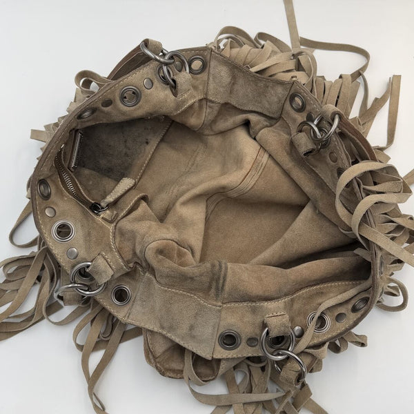 RARE Miu Miu Fringe Trim Stud Suede Taupe Handbag