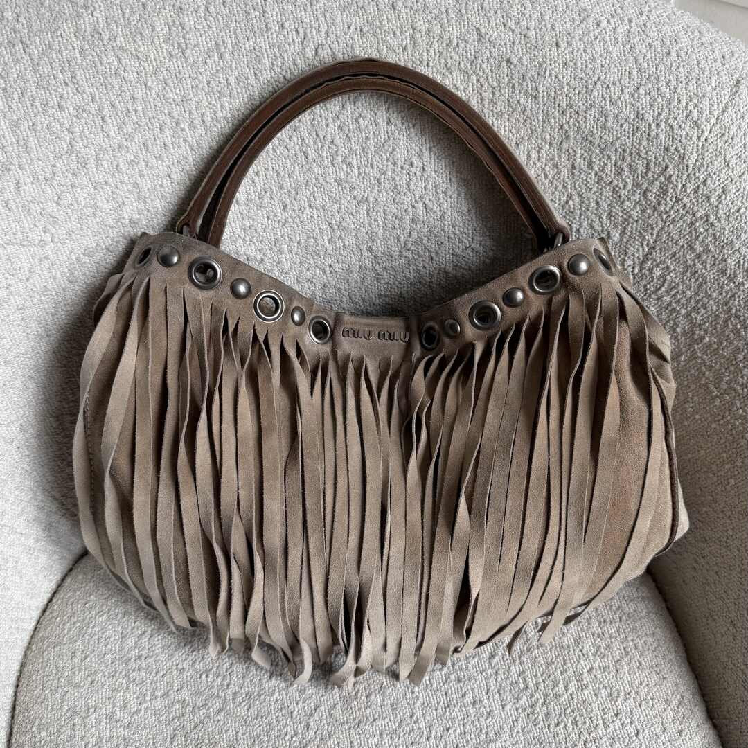 RARE Miu Miu Fringe Trim Stud Suede Taupe Handbag