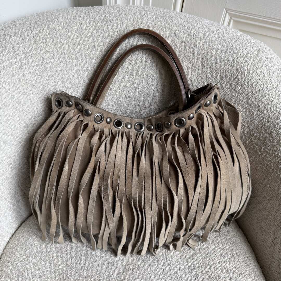 RARE Miu Miu Fringe Trim Stud Suede Taupe Handbag