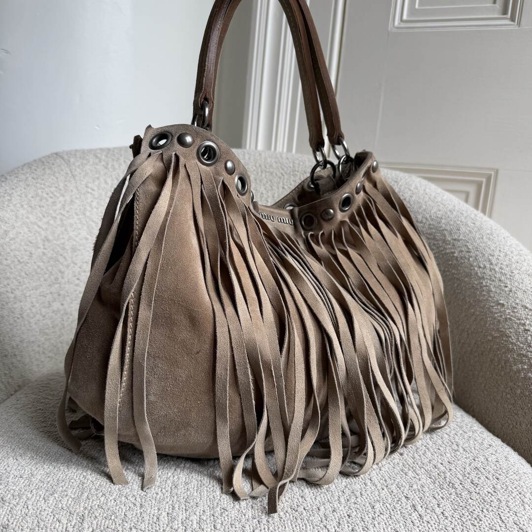 RARE Miu Miu Fringe Trim Stud Suede Taupe Handbag