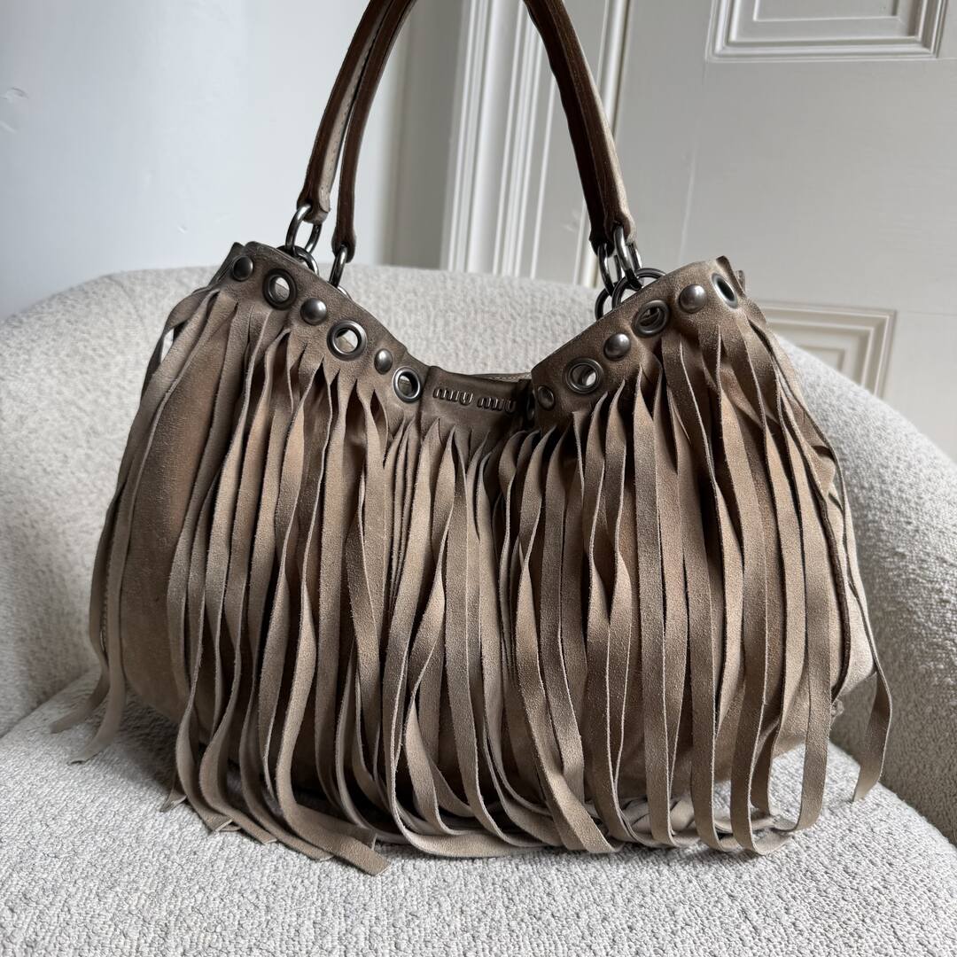 RARE Miu Miu Fringe Trim Stud Suede Taupe Handbag
