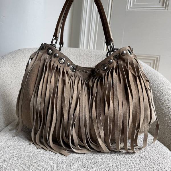 RARE Miu Miu Fringe Trim Stud Suede Taupe Handbag