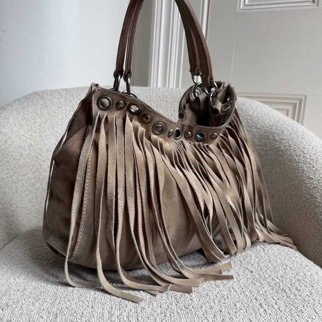 RARE Miu Miu Fringe Trim Stud Suede Taupe Handbag