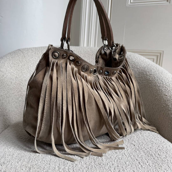 RARE Miu Miu Fringe Trim Stud Suede Taupe Handbag