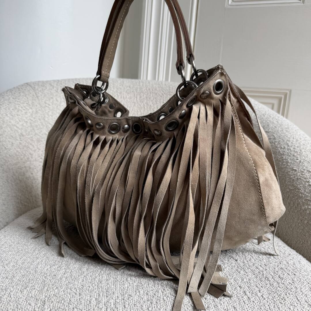 RARE Miu Miu Fringe Trim Stud Suede Taupe Handbag