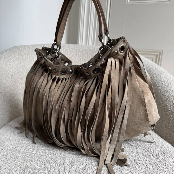 RARE Miu Miu Fringe Trim Stud Suede Taupe Handbag
