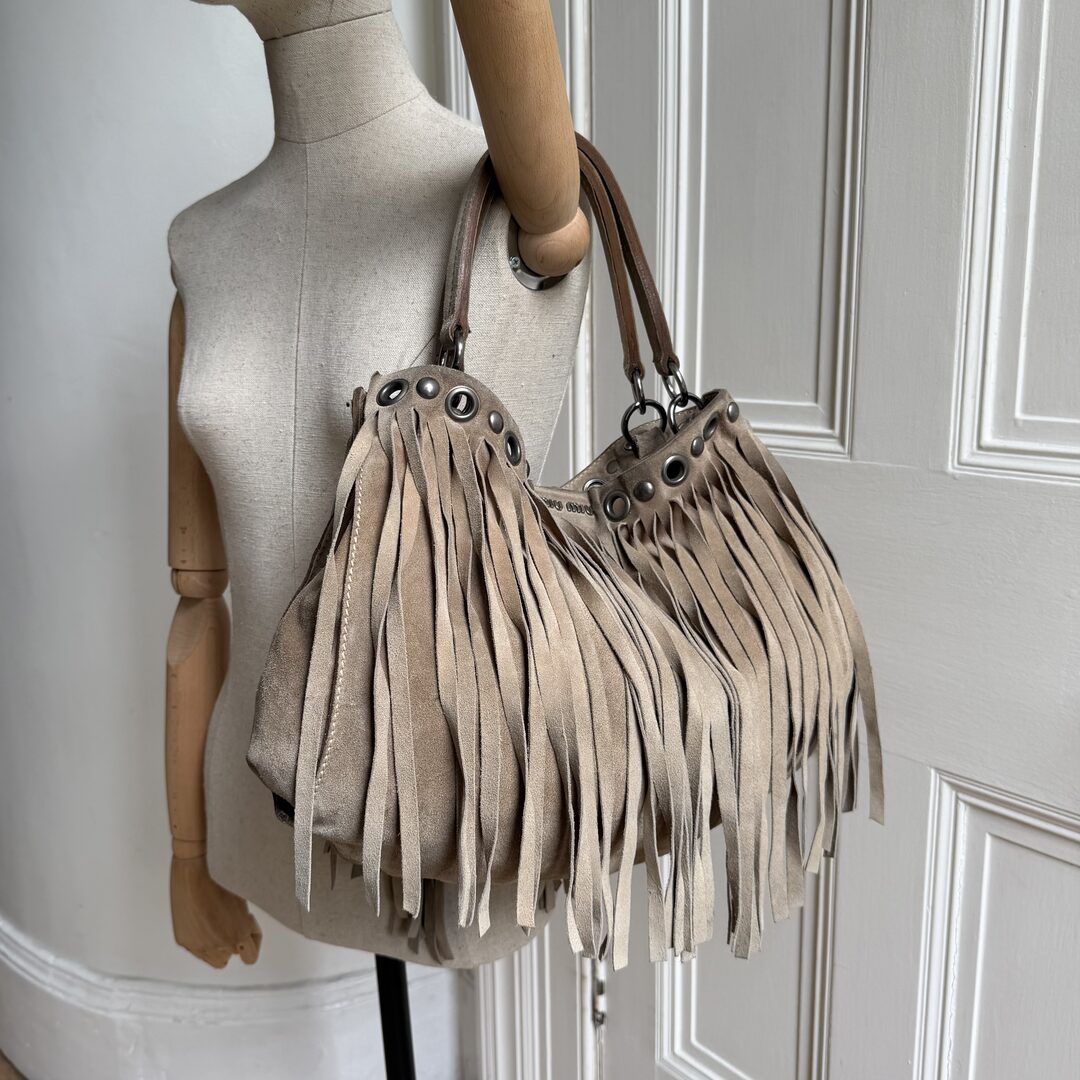 RARE Miu Miu Fringe Trim Stud Suede Taupe Handbag