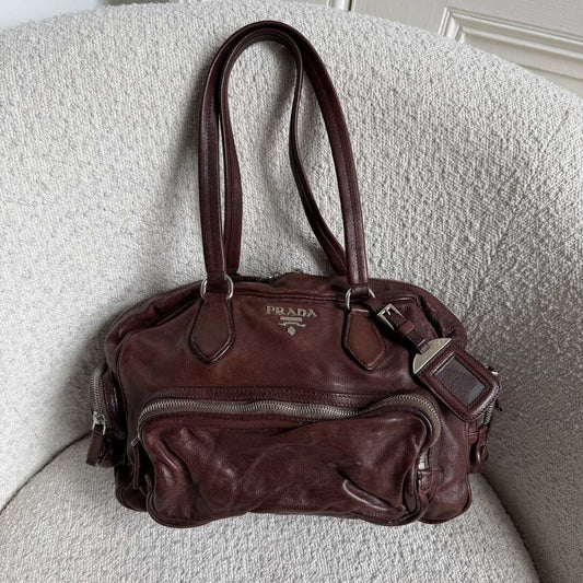 2006 Prada Washed Bauletto Brown Leather Shoulder Bag
