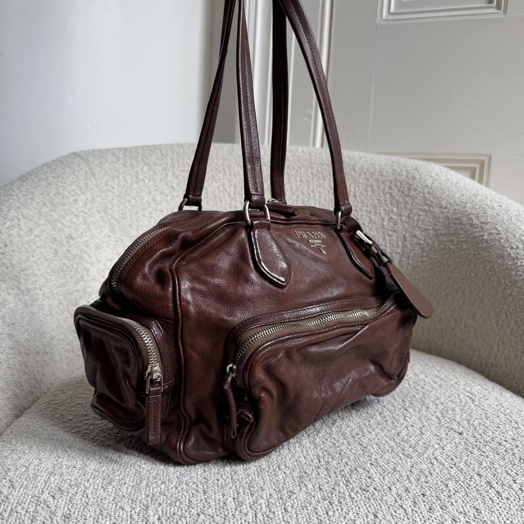 2006 Prada Washed Bauletto Brown Leather Shoulder Bag