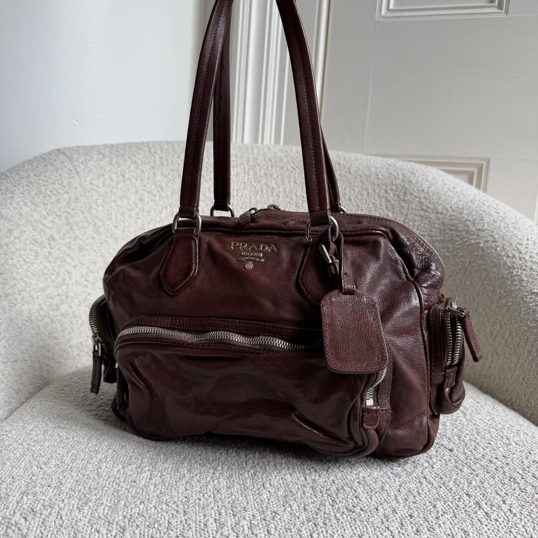 2006 Prada Washed Bauletto Brown Leather Shoulder Bag