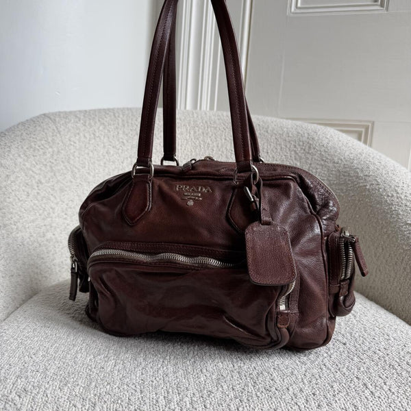 2006 Prada Washed Bauletto Brown Leather Shoulder Bag