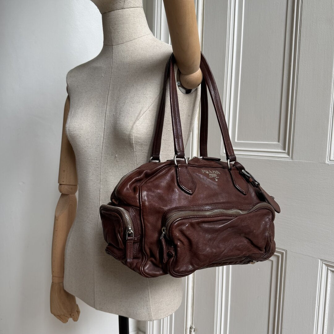 2006 Prada Washed Bauletto Brown Leather Shoulder Bag