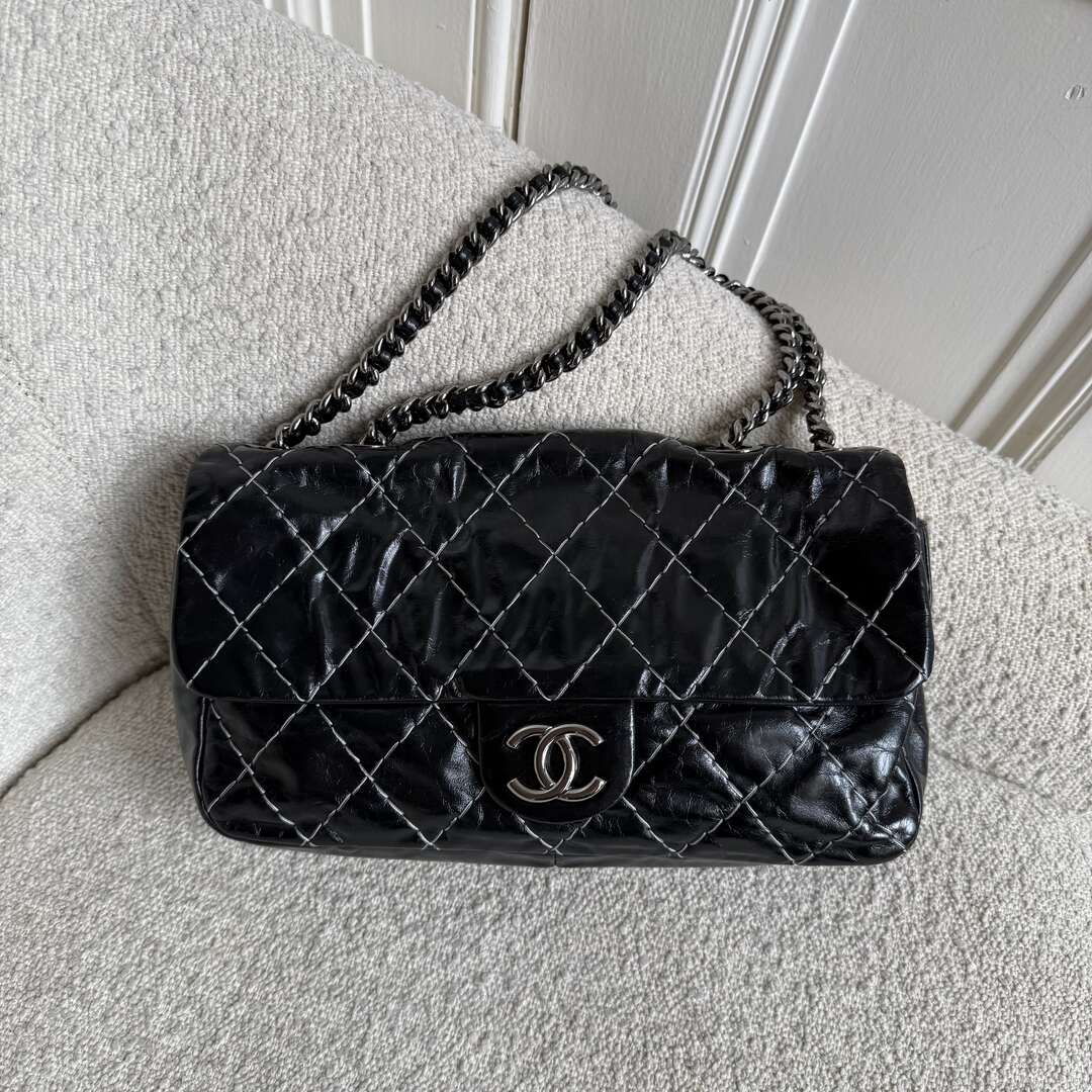 2010 Chanel CC Glazed Wild Stitch Flap Black Shoulder Bag