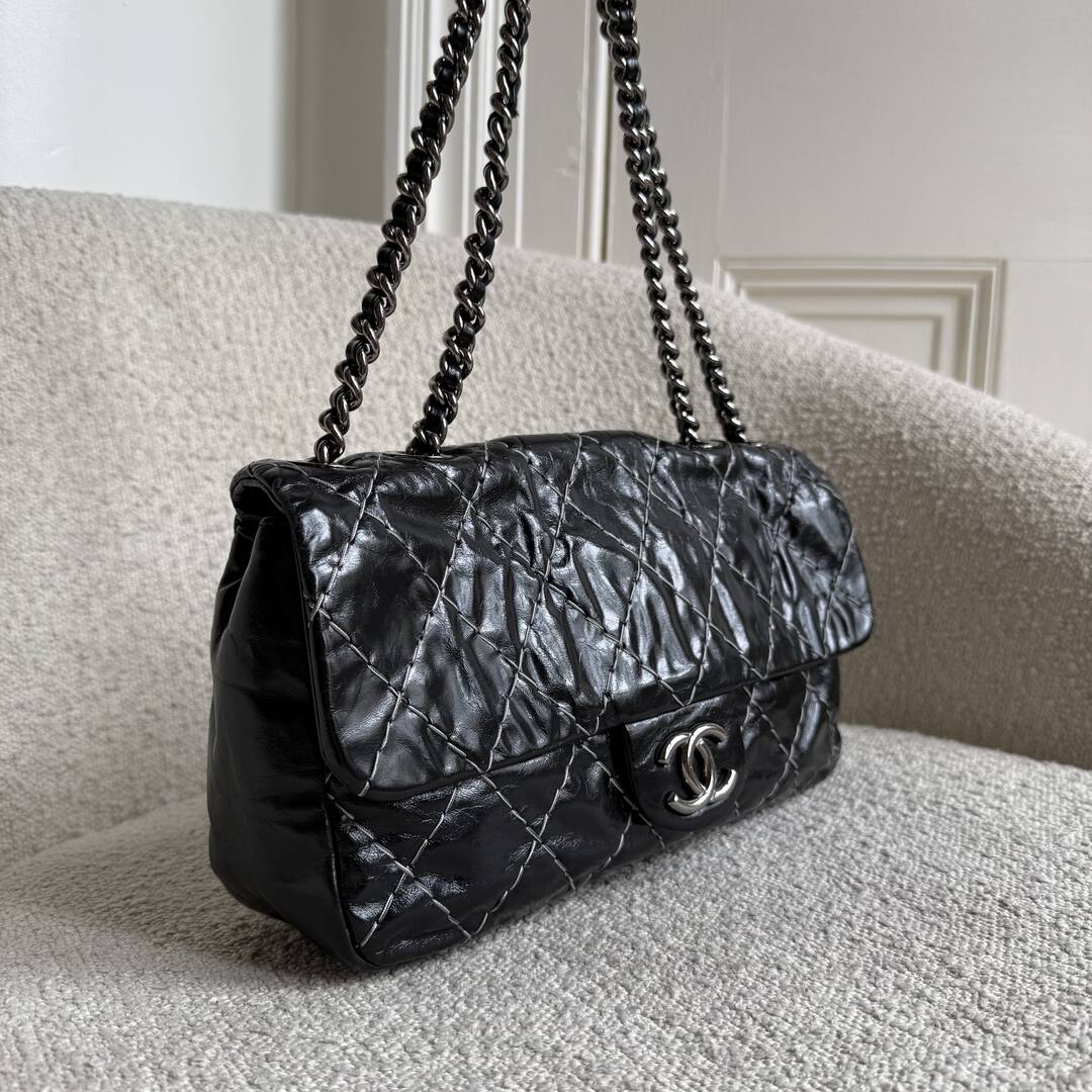 2010 Chanel CC Glazed Wild Stitch Flap Black Shoulder Bag