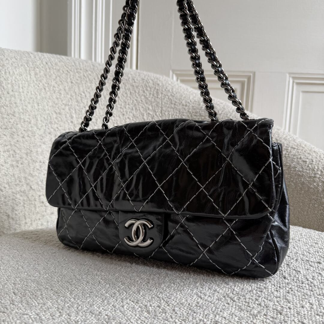 2010 Chanel CC Glazed Wild Stitch Flap Black Shoulder Bag