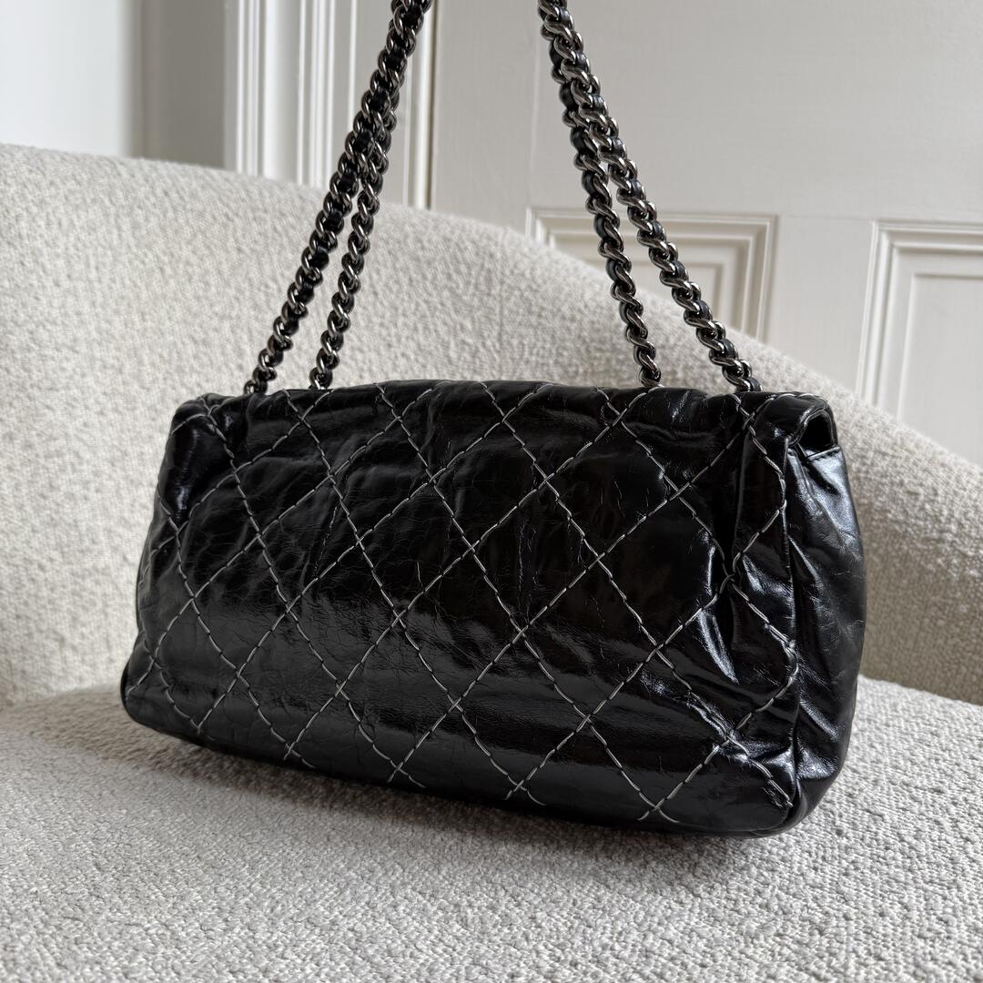 2010 Chanel CC Glazed Wild Stitch Flap Black Shoulder Bag