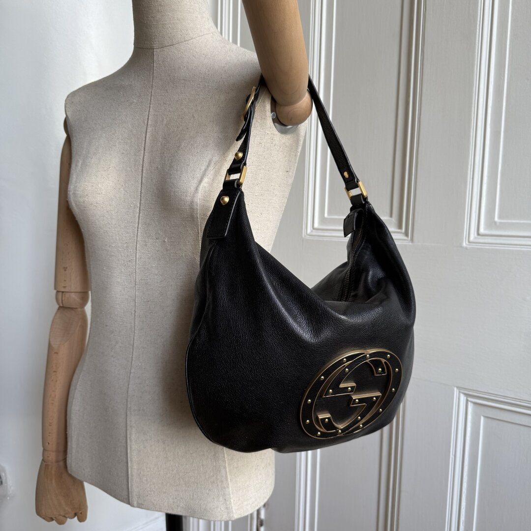 Gucci Interlocking G Blondie Leather Black Hobo Shoulder Bag
