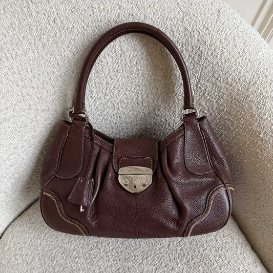 2007 Prada Vitello Daino Hobo Leather Brown Shoulder Bag