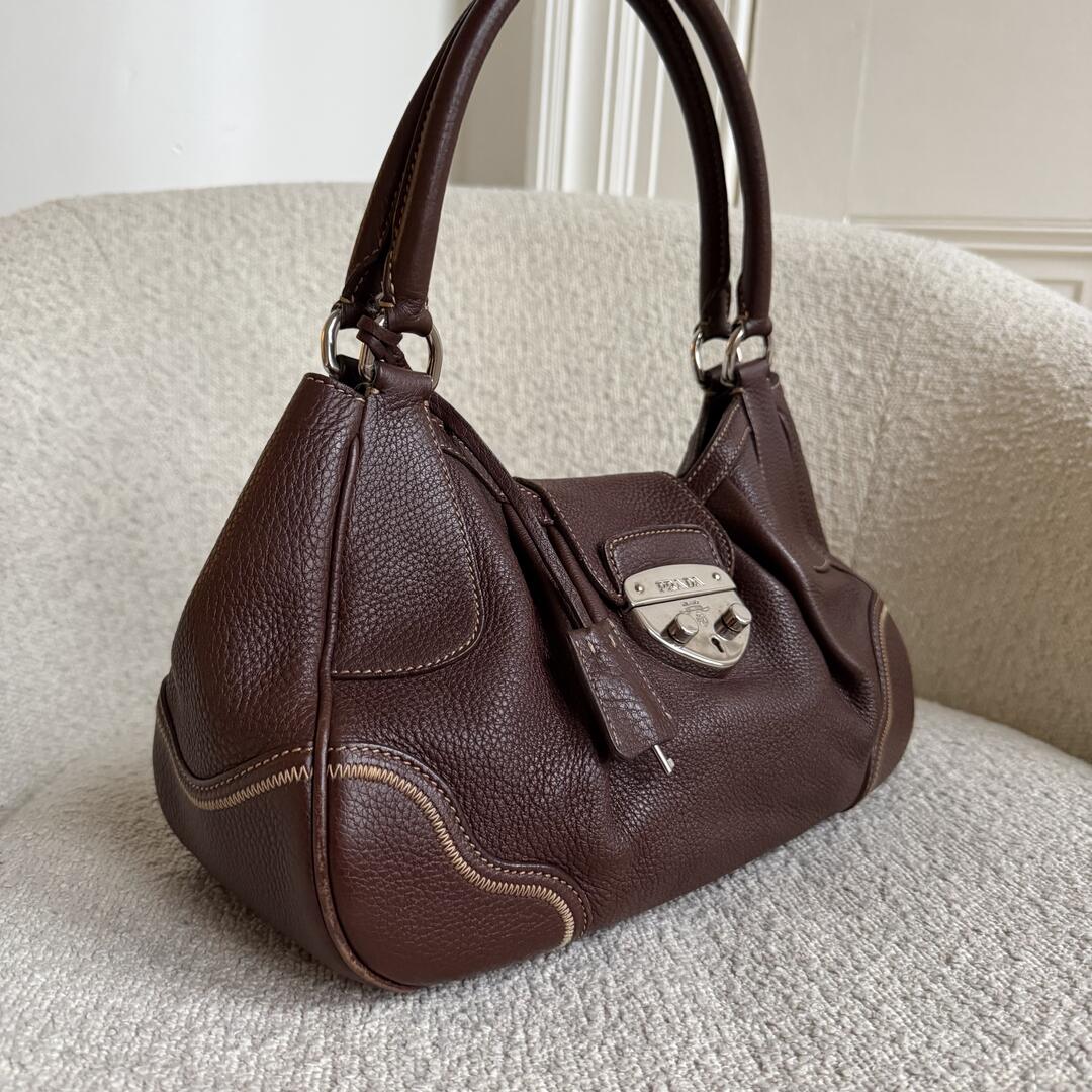 2007 Prada Vitello Daino Hobo Leather Brown Shoulder Bag