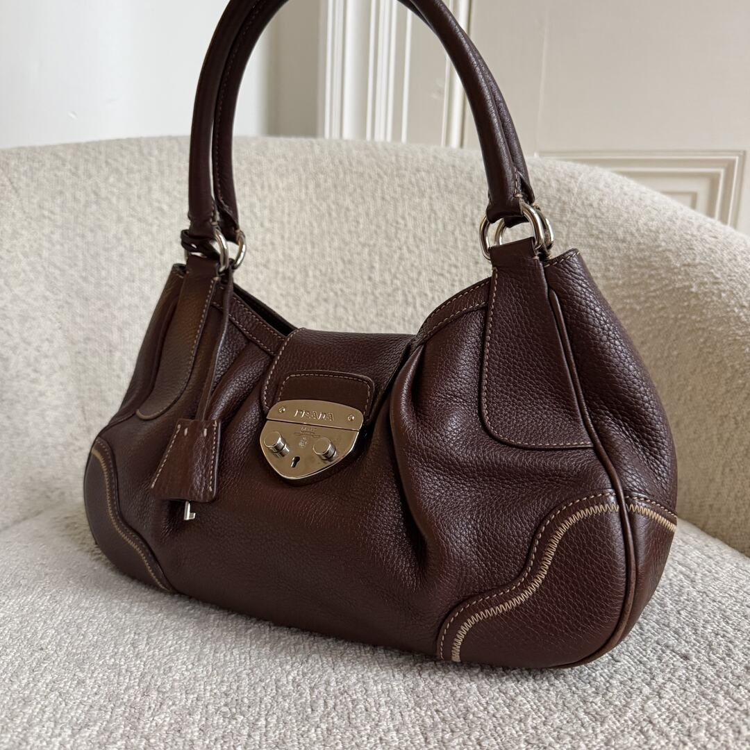 2007 Prada Vitello Daino Hobo Leather Brown Shoulder Bag