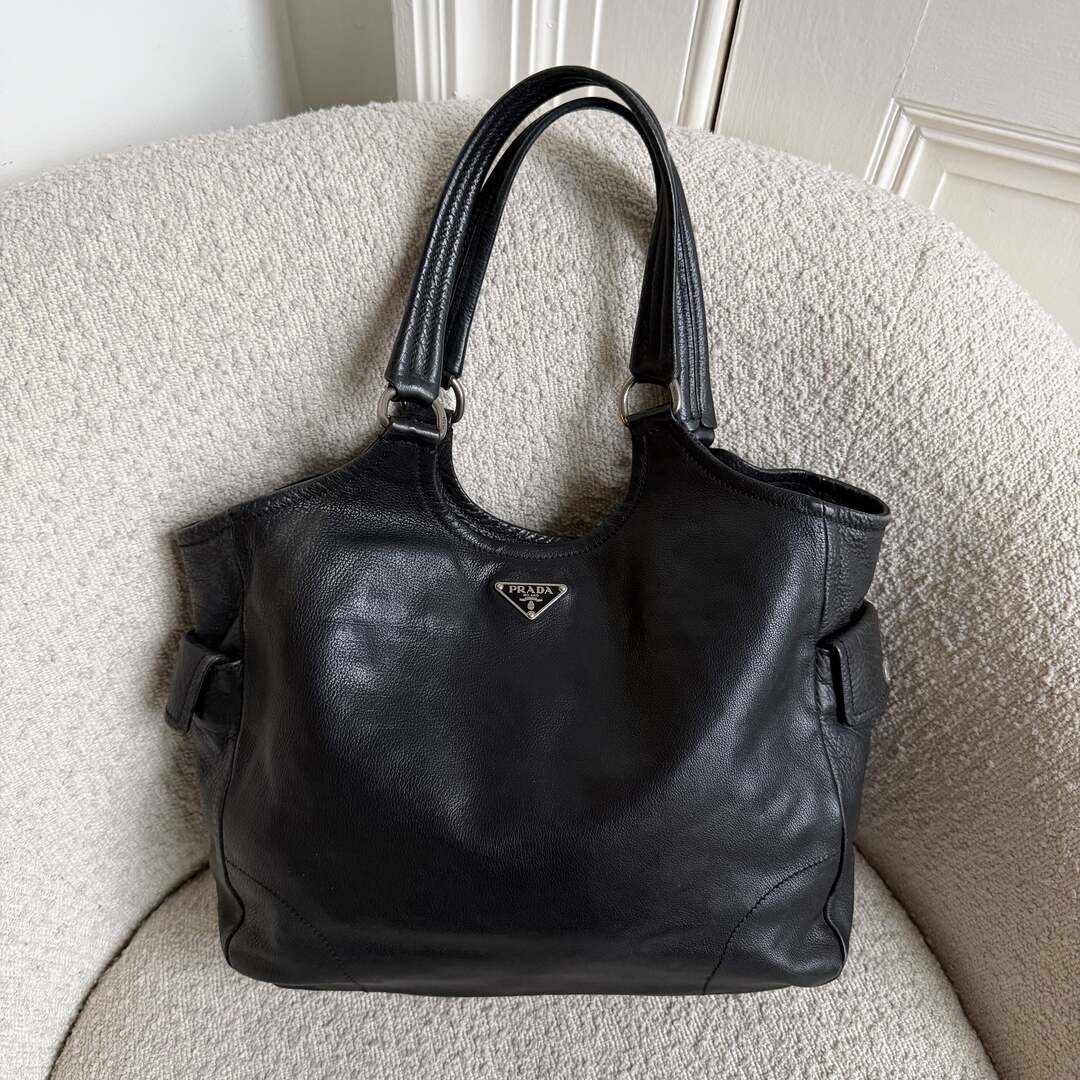 Prada Vitello Bufalino Pocket Leather Black Tote Bag