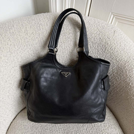 Prada Vitello Bufalino Pocket Leather Black Tote Bag