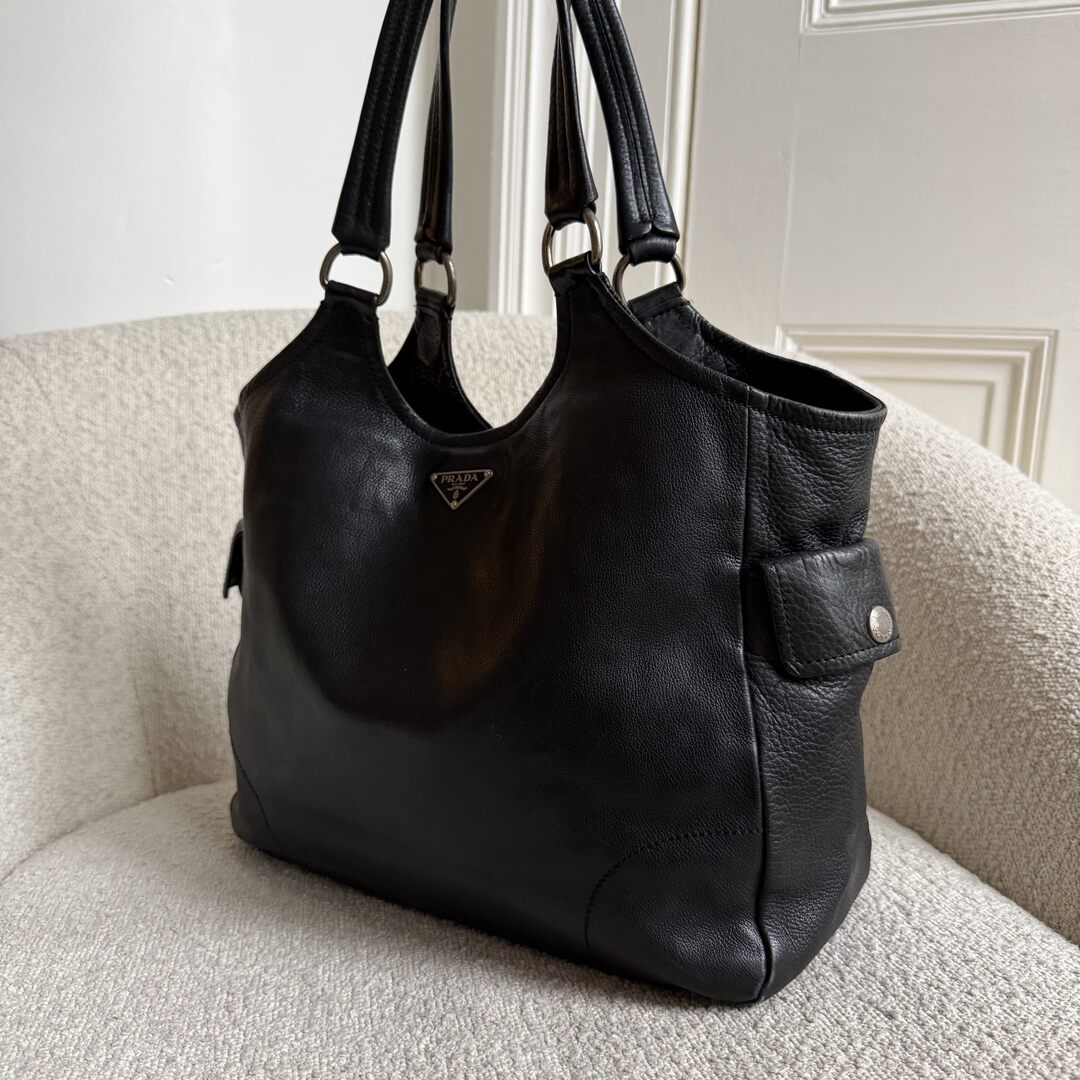 Prada Vitello Bufalino Pocket Leather Black Tote Bag