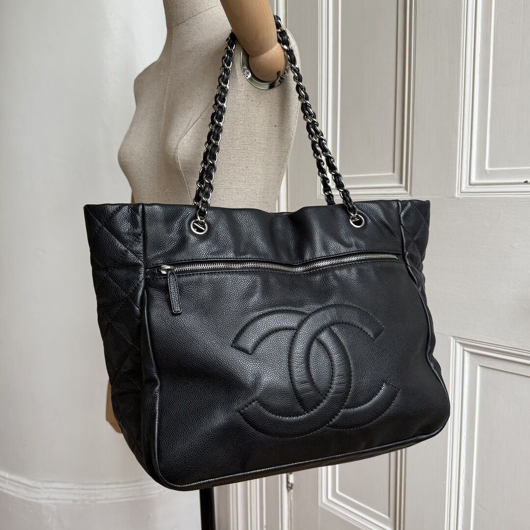 2005 Chanel Timeless Classic Black Leather Chain Tote Bag