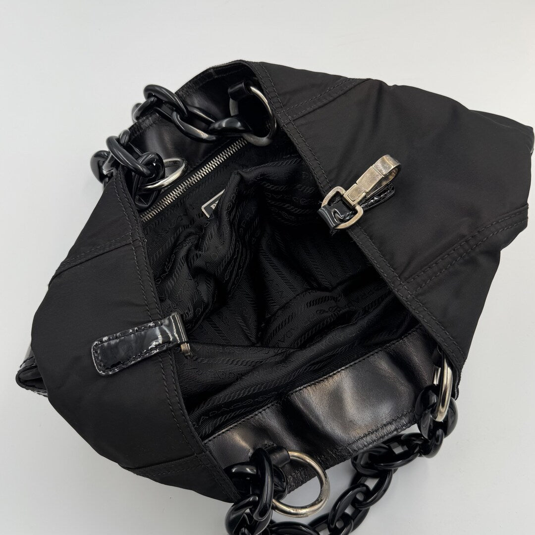 Prada Nylon Chain Patent Black Shoulder Bag
