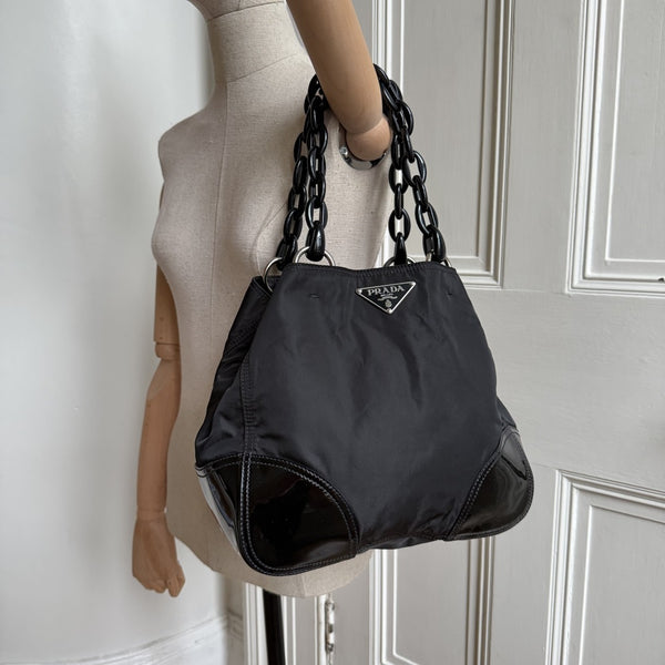 Prada Nylon Chain Patent Black Shoulder Bag