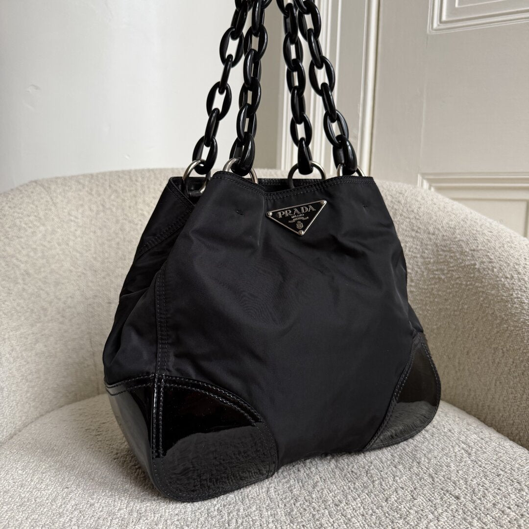 Prada Nylon Chain Patent Black Shoulder Bag