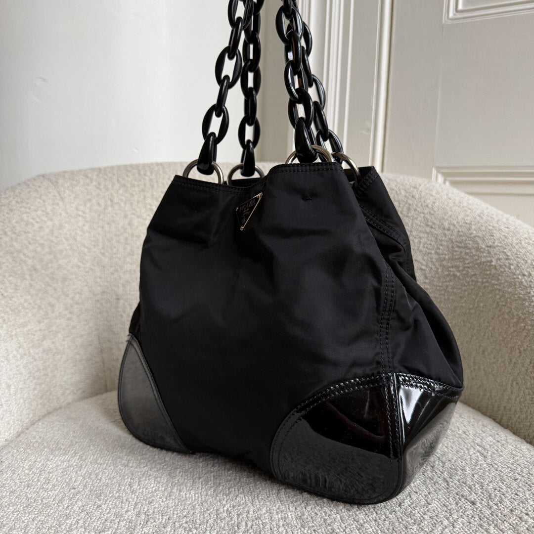 Prada Nylon Chain Patent Black Shoulder Bag
