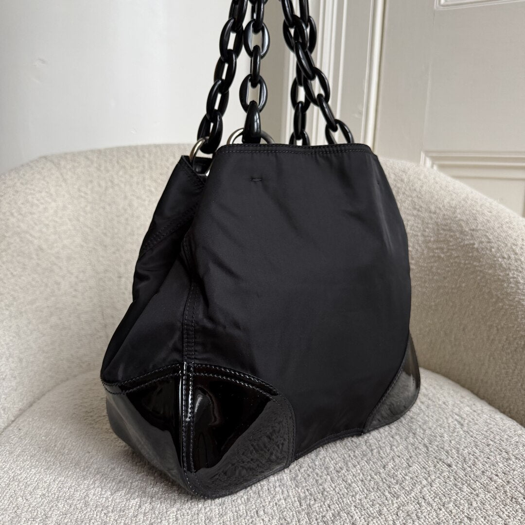 Prada Nylon Chain Patent Black Shoulder Bag