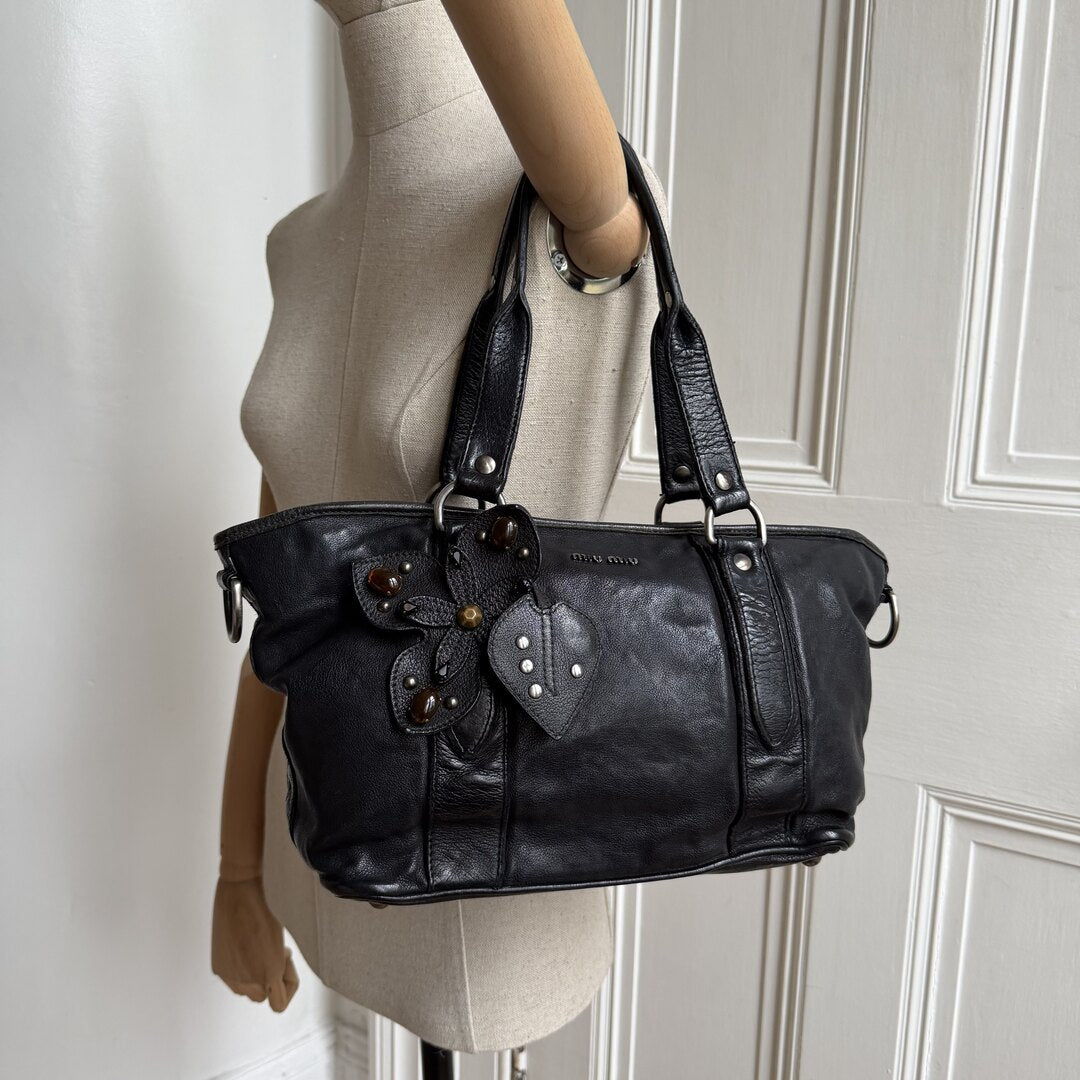 2000s Miu Miu Black Leather Flower Shoulder Bag