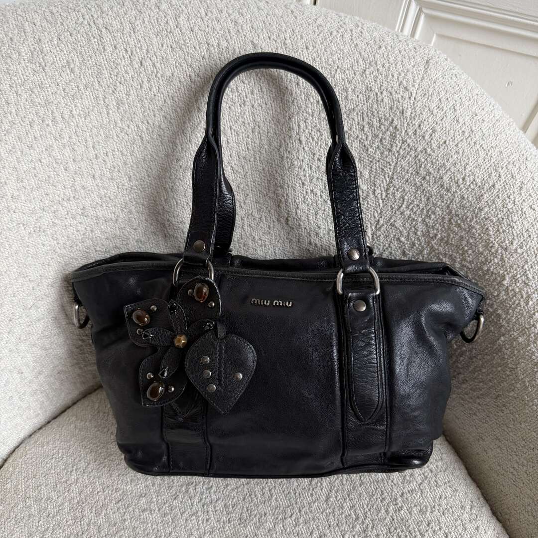 2000s Miu Miu Black Leather Flower Shoulder Bag