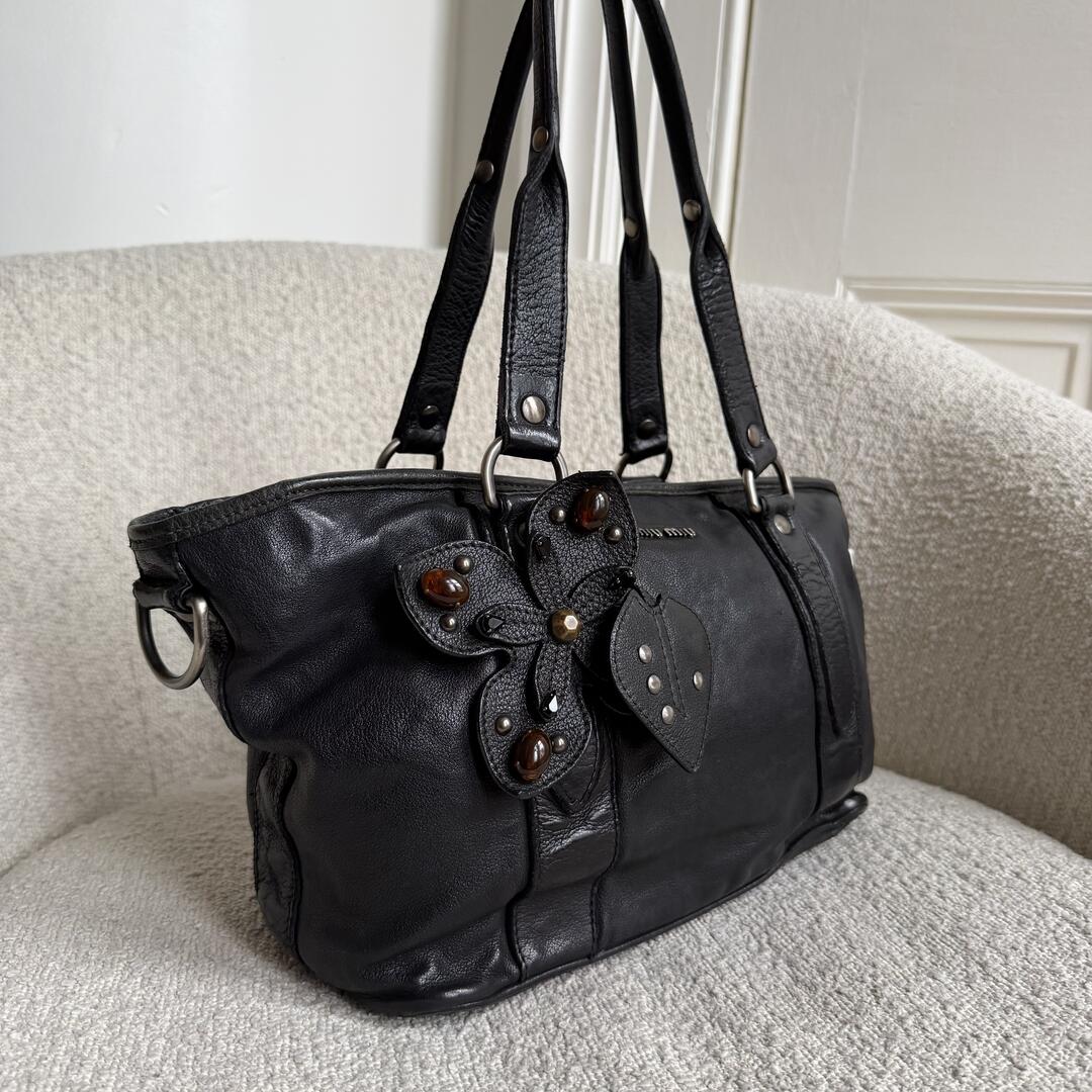 2000s Miu Miu Black Leather Flower Shoulder Bag