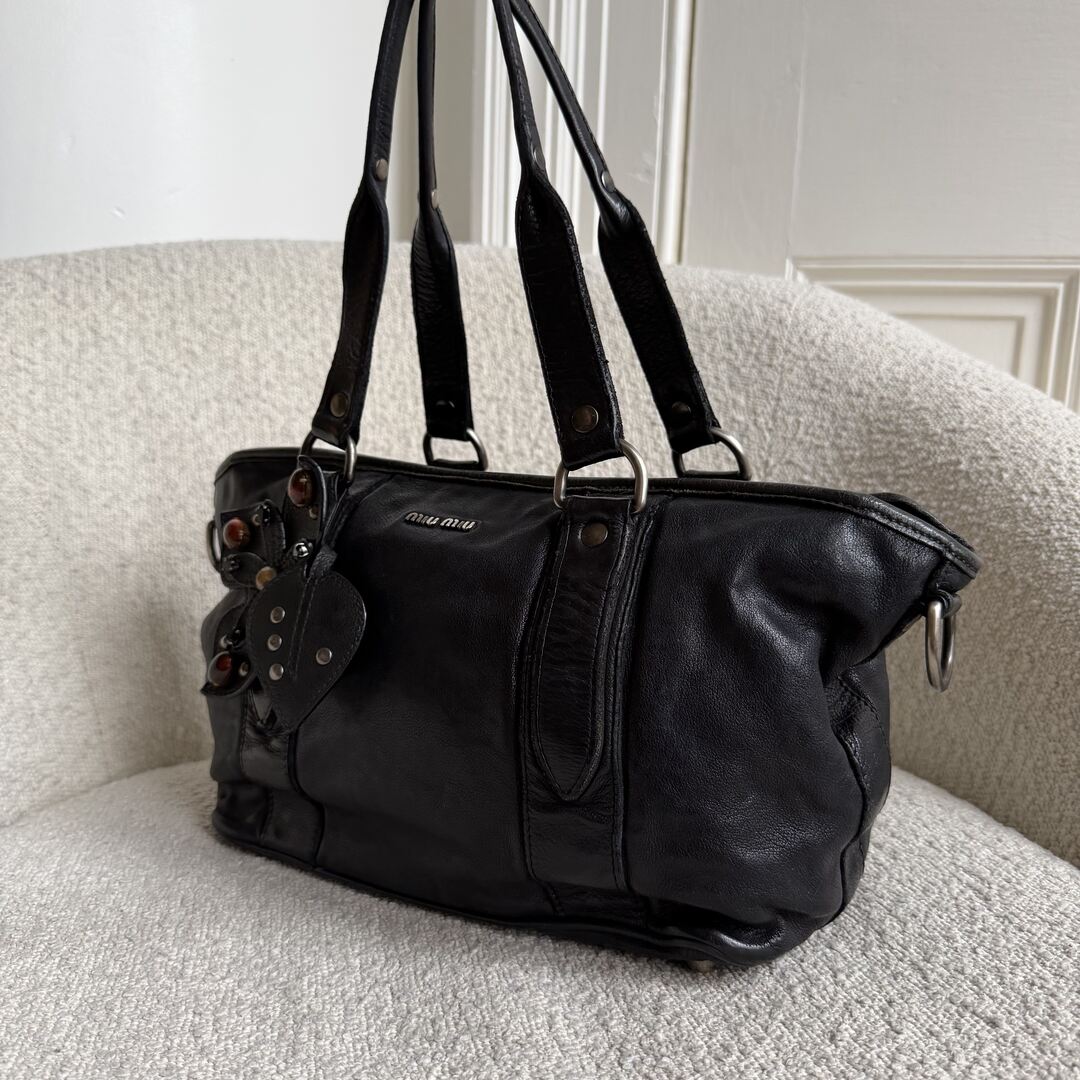 2000s Miu Miu Black Leather Flower Shoulder Bag