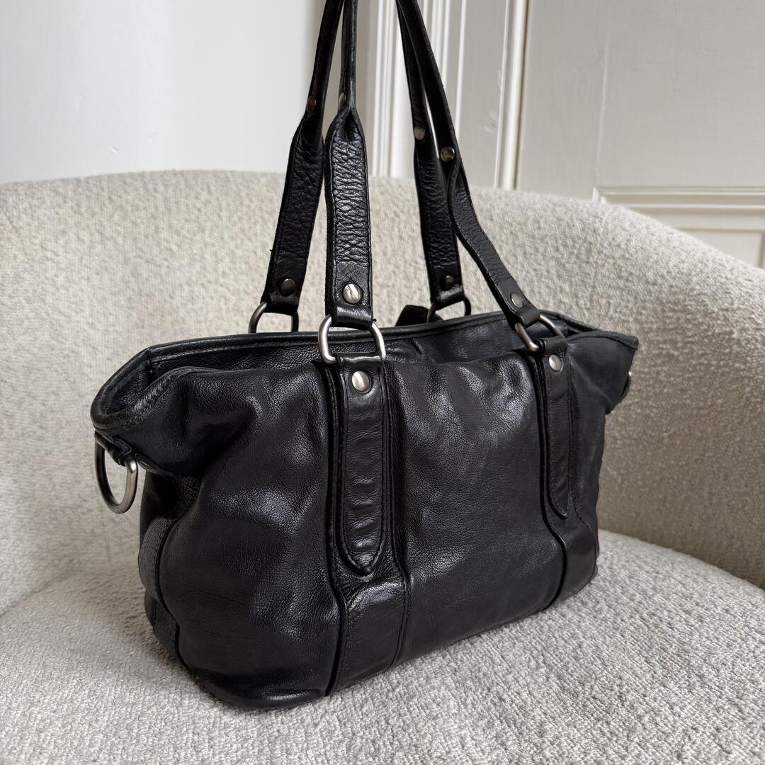 2000s Miu Miu Black Leather Flower Shoulder Bag