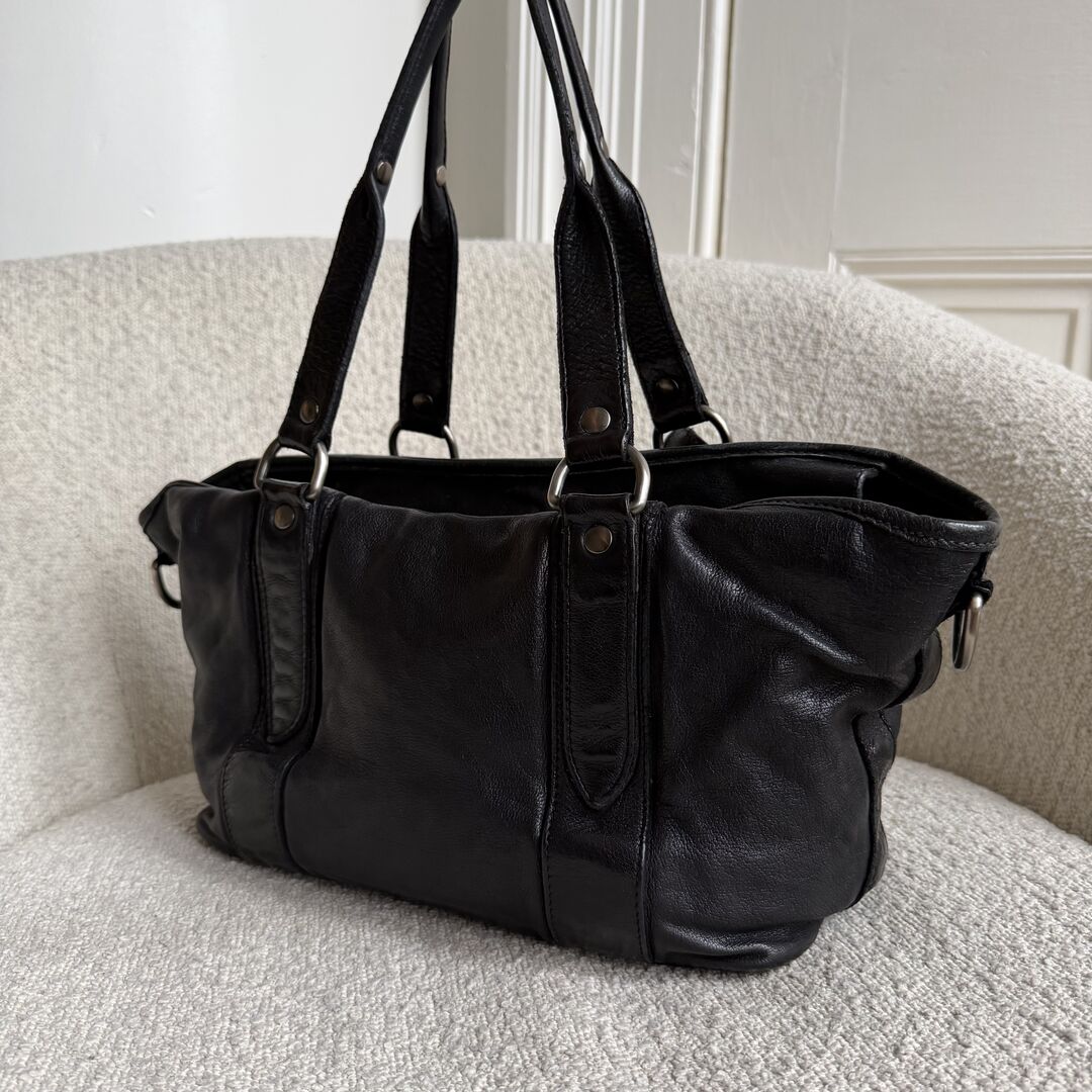 2000s Miu Miu Black Leather Flower Shoulder Bag