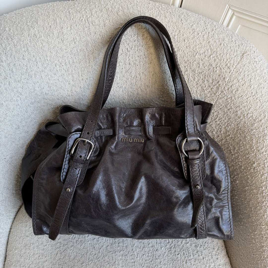 Miu Miu Vitello Leather Dark Brown Tote Bag