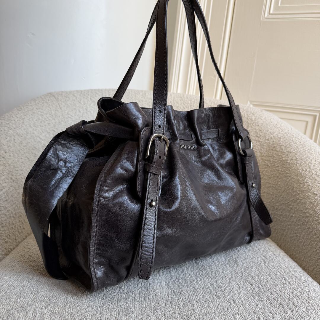Miu Miu Vitello Leather Dark Brown Tote Bag