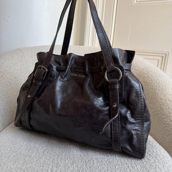 Miu Miu Vitello Leather Dark Brown Tote Bag