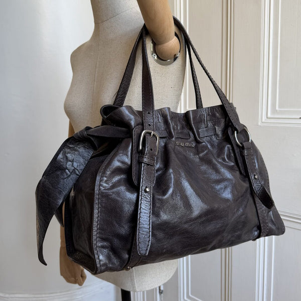 Miu Miu Vitello Leather Dark Brown Tote Bag
