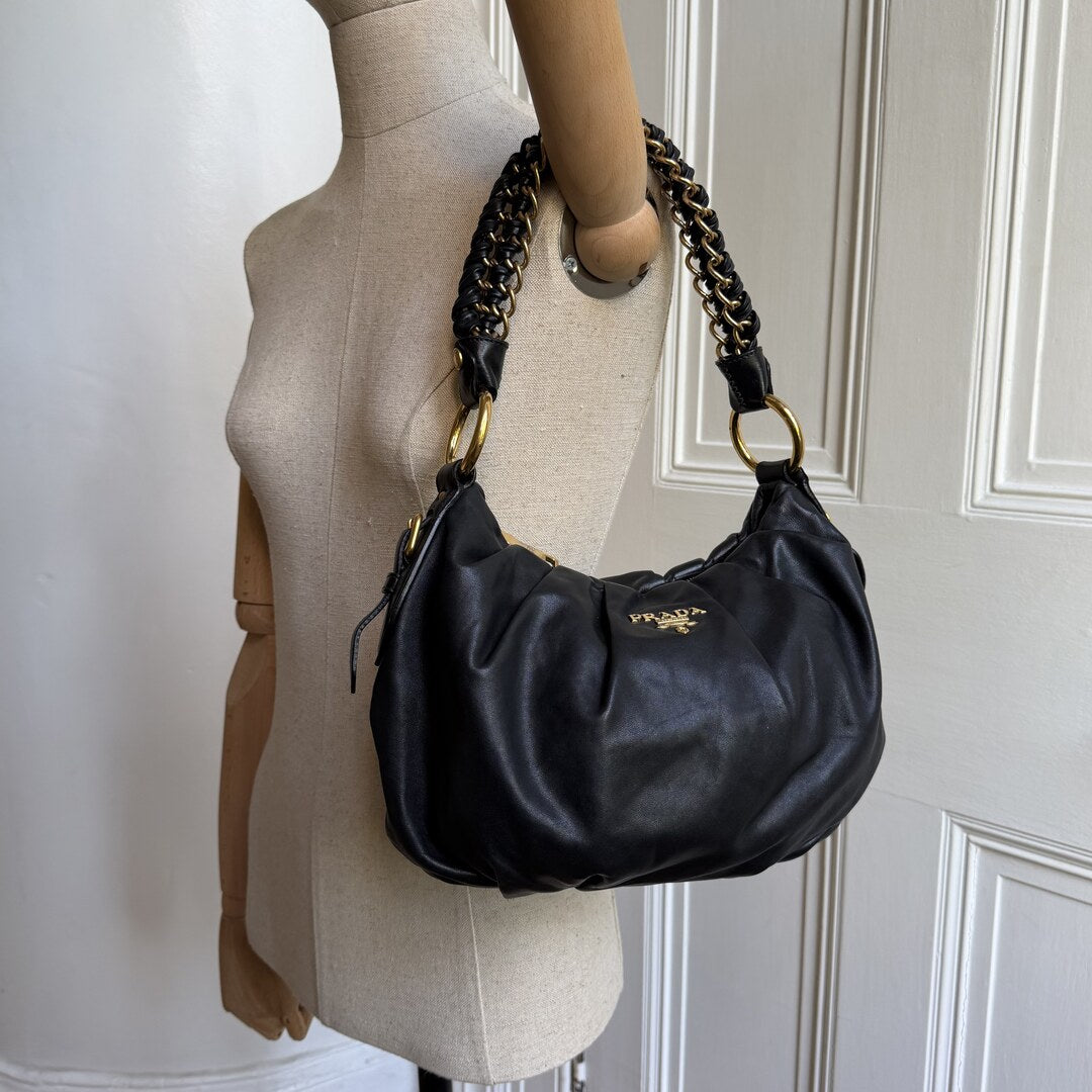 2009 Prada Nappa Black Leather Chain Shoulder Bag