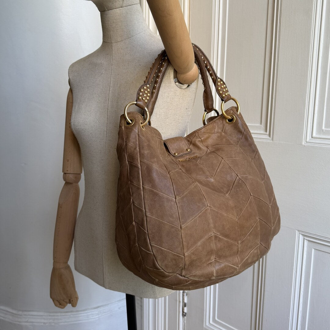 Miu Miu Studded Brown Leather Shoulder Bag