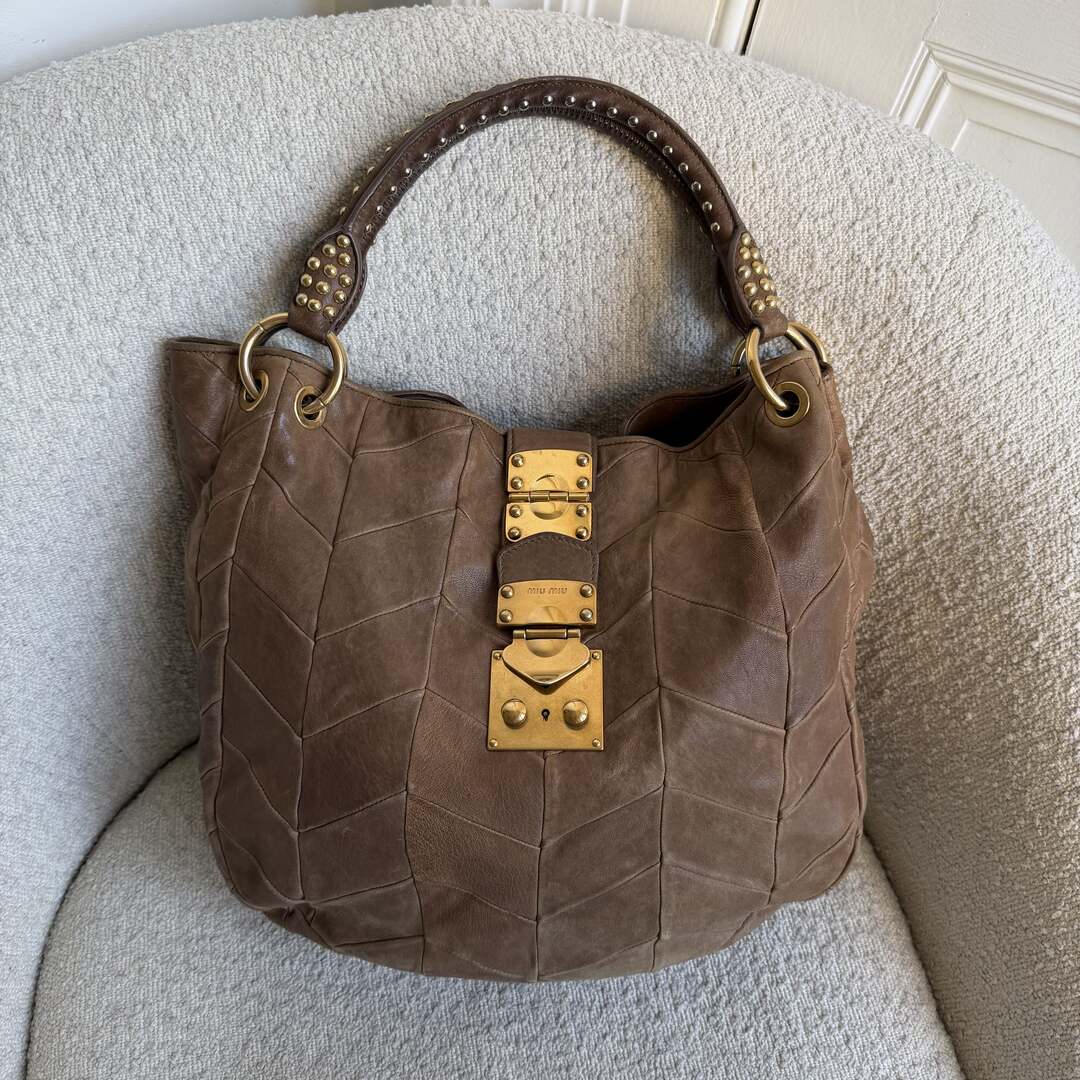 Miu Miu Studded Brown Leather Shoulder Bag