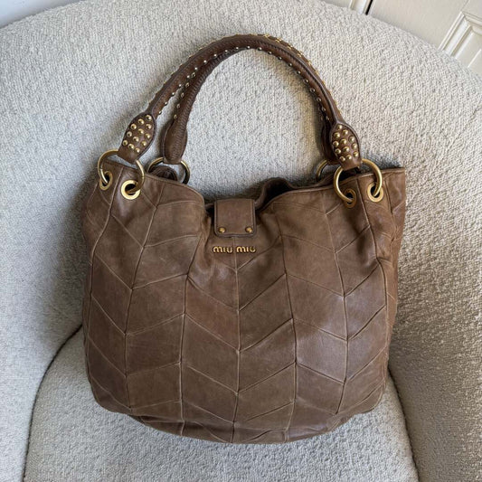 Miu Miu Studded Brown Leather Shoulder Bag